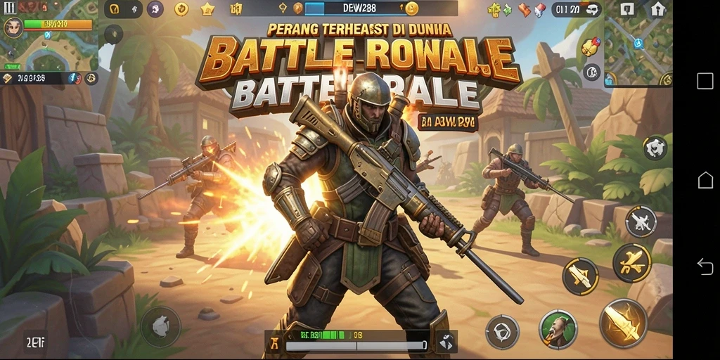 Screenshot intens gameplay DEWI288 dalam pertarungan Battle Royale.