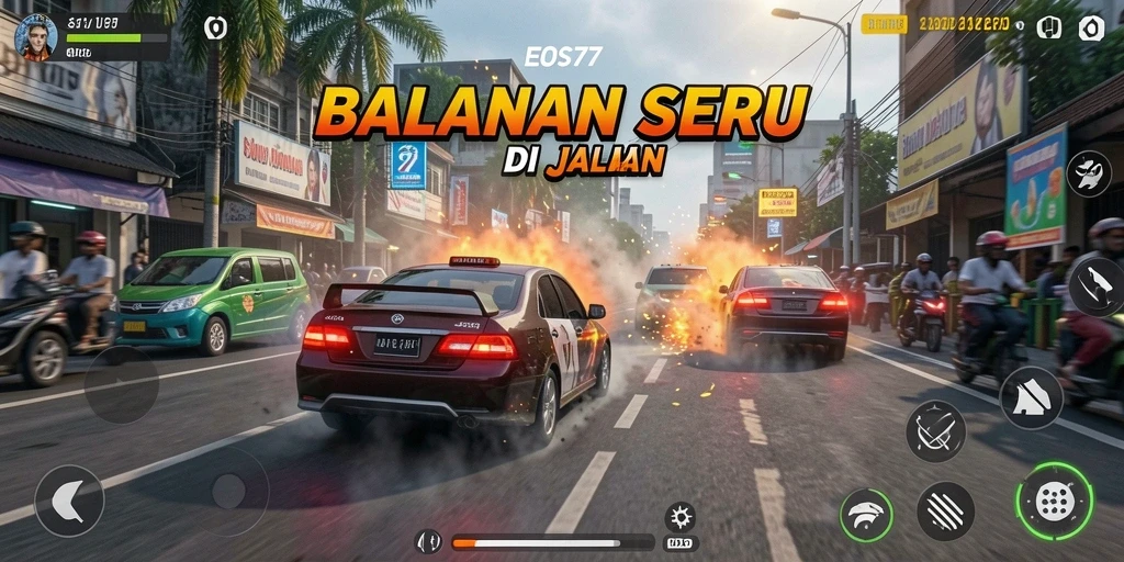 Tampilan gameplay seru balapan EOS77 di jalanan yang ramai.