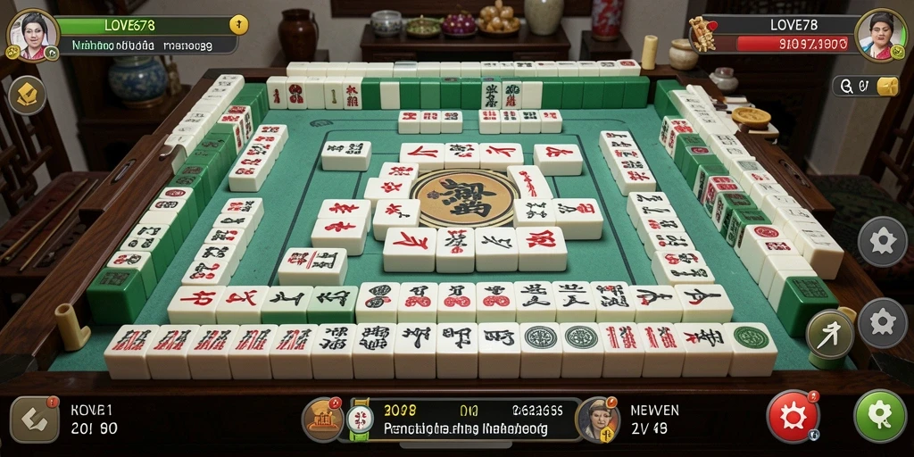 Tampilan gameplay LOVE678 yang menarik dengan papan Mahjong yang berwarna-warni.