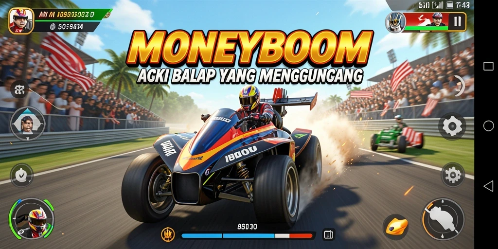 Tangkapan layar MONEYBOOM menampilkan aksi balap yang seru di trek menantang.
