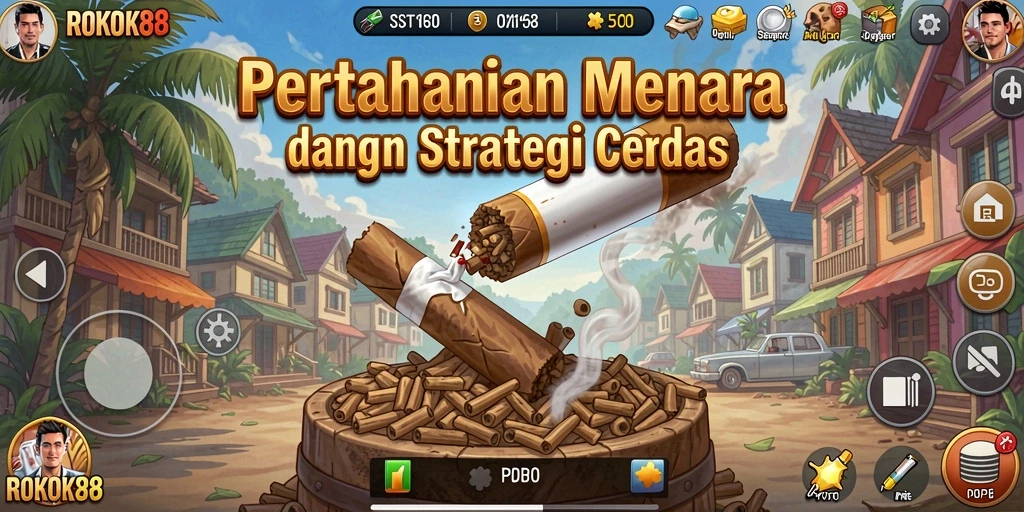 Screenshot gameplay ROKOK88 menampilkan pertahanan menara yang epik melawan musuh.